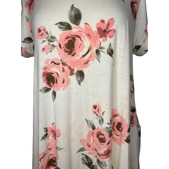 Lula Roe Medium Top short Sleeve Round Neck White Pink Floral Stretch - Picture 3 of 14